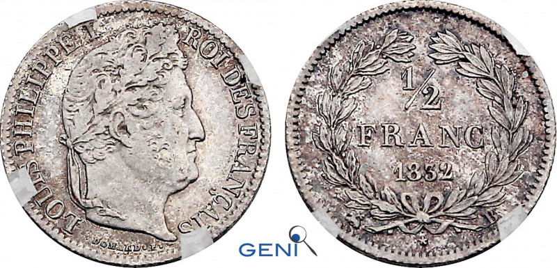 France, Louis-Philippe I (1830-1848), 1/2 Franc 1832 B (Rouen mint) (Silver, 2.5...