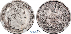 France, Louis-Philippe I (1830-1848), 1/2 Franc 1832 B (Rouen mint) (Silver, 2.51 gr, 18 mm) Gadoury 408, Le Franc 182, KM 741.2. GENI MS62