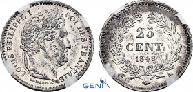 France, Louis-Philippe I (1830-1848), 25 Centimes 1848 A (Paris mint) (Silver, 1.26 gr, 15 mm) Gadoury 357, Le Franc 167, KM 755.1. GENI MS65