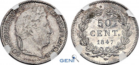 France, Louis-Philippe I (1830-1848), 50 Centimes 1847 A (Paris mint) (Silver, 2.48 gr, 18 mm) Gadoury 410, Le Franc 183, KM 768.1. GENI MS64