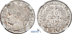 France, Second Republic (1848-1852), 50 Centimes 1850 A (Paris mint) (Silver, 2.49 gr, 18 mm) Gadoury 411, Le Franc 184, KM 769.1. GENI MS62