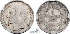 France, Napoleon III (1852-1870), 1 Franc 1852 A (Paris mint) (Silver, 4.99 gr, 23 mm) Gadoury 458, Le Franc 212, KM 772. GENI AU55