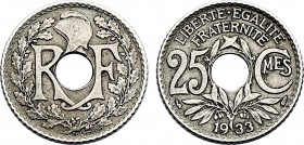 France, Third Republic (1871-1940), Reeded edge 25 Centimes 1933 (Copper-Nickel, 4.98 gr, 24 mm) KM - (cf. 867a), Le Franc - (cf. 171), Gadoury - (cf....