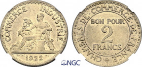 France, Third Republic (1871-1940), 2 Francs 1922 (Aluminum-Bronze, 8.00 gr, 27 mm) KM 877. NGC MS66