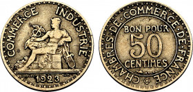 France, Third Republic (1871-1940), Medal alignment 50 Centimes 1923 (Cupro-Aluminium, 1.91 gr, 18 mm) Gadoury 421, Le Franc 191, KM 884. Very Fine.