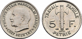 France, French State (1940-1944), 5 Francs 1941 (Copper-Nickel, 4.05 gr, 22 mm) Gadoury 764, Le Franc 338, KM 901. Uncirculated.