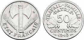 France, French State (1940-1944), Medal alignment 50 Centimes 1943 (Aluminum, 0.71 gr, 18 mm) Gadoury 425, Le Franc 195, KM 914.1. About Uncirculated.