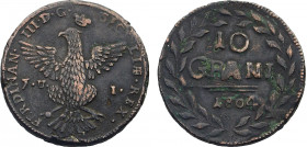 Italian States, Naples & Sicily, Ferdinando IV (2nd Reign) (1799-1805), 10 Grani 1804 JUI (Palermo mint) (Copper, 31.89 gr, 36 mm) KM 244. Very Fine.