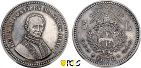 Italian States, Papal States, Leo XIII (1878-1903), 5 Lire 1878 (Brussels mint) (Silver, 25.00 gr, 37 mm) Montenegro 420, KM X 1. PCGS MS63