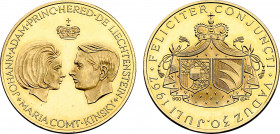 Liechtenstein, Marriage of Johann Adam and Maria Kinsky in Vaduz on 30th July 1967 (Gold, 6.95 gr, 25 mm) Divo 148. Uncirculated.