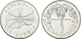 Macedonia, Republic, Silver Trial 10 Denari 2001 (Silver, 9.07 gr, 27 mm) KM - (cf. 13). Uncirculated.
Unlisted in KM, these trials were minted in sil...