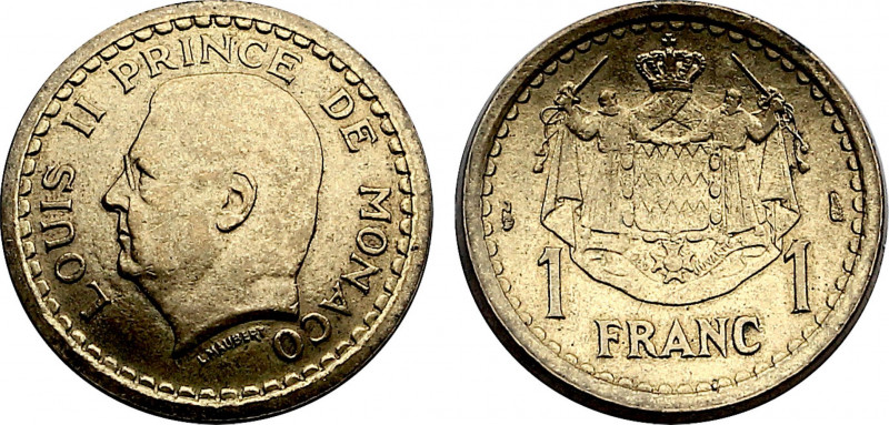 Monaco, Louis II (1922-1949), Concave Trial 1 Franc (1945) (Aluminum-Bronze, 4.0...