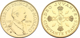 Monaco, Rainier III (1949-2005), Gold essai 50 Francs 1974 (Paris mint) (Gold, 51.10 gr, 41 mm) KM E67. Uncirculated, obverse minor mark. A scarce gol...