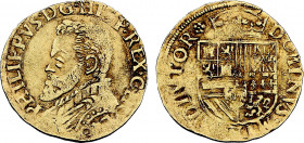 Netherlands, Holland, Philip II (1555-1598), 1/2 Real d'or (1555-81) (Dordrecht mint) (Gold, 3.52 gr, 24 mm) Delmonte 765. Extremely Fine, weak strike...