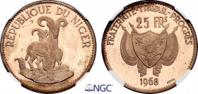 Niger, Republic, Bronze essai 25 Francs 1968 (Bronze, 5.73 gr, 25 mm) KM - (cf. E9). NGC PF63 RD ULTRA CAMEO
Of the highest rarity, marked PROVA, this...