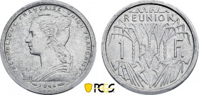 Reunion, Mule 1 Franc 1948 (Aluminum, 1.24 gr, 23 mm) KM 7, Lecomte 50. PCGS MS64
A rare mule, pairing a French Equatorial Africa obverse with the sta...