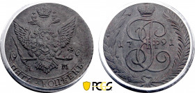 Russia, Catherine II (1762-1796), 5 Kopeks 1791 AM (Anninsky mint) (Copper, 51.20 gr, 42 mm) KM C 59.2. PCGS XF Details (Environmental Damage)