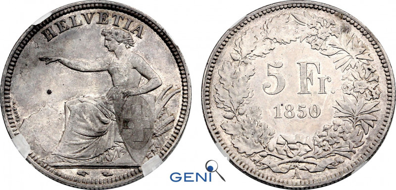 Switzerland, 5 Francs 1850 B (Bern mint) (Silver, 25.00 gr, 37 mm) KM 11. GENI A...