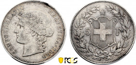 Switzerland, 5 Francs 1888 B (Bern mint) (Silver, 25.00 gr, 37 mm) KM 34. PCGS XF Details (Cleaned)
