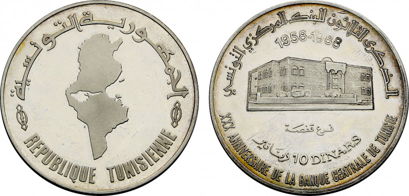 Tunisia, Republic, Proof 10 Dinars 1988 (Silver, 38.00 gr, 39 mm) KM 364. Uncirc...