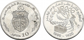 Tunisia, Republic, 10 Dinars 1999 (Silver, 38.00 gr, 39 mm) KM 428. Uncirculated, minor edge nick.
Seldom offered, only a few collectors can claim hav...