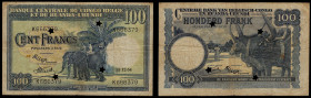 Belgian Congo, Banque Centrale du Congo Belge et du Ruanda-Urundi, Cancelled 100 Francs 15.12.1954. Pick 25a. Very Fine, pinhole.
