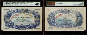 Belgium, Banque Nationale de Belgique, Specimen 500 Francs / 100 Belgas 03.01.1927. Pick 103s. PMG 30, Corner Tip Missing.