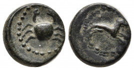 Greek Coins
UNCERTAIN MEDITERRANEAN (2nd-1st centuries BC). Ae. Obv: Lion springing right. Rev: Crab. Very Fine
Weight: 2.2 Diameter: 12.8