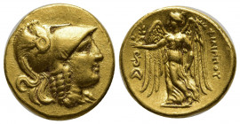 Greek Coins
Kingdom of Macedon, Philip III Arrhidaios AV Stater. Lampsakos, circa 323-317 BC. Head of Athena right, wearing crested Corinthian helmet...