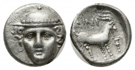 Greek Coins
Thrace, Ainos AR Diobol. Circa 405-357 BC. Head of Hermes facing three-quarters to left, wearing petasos / Goat standing to right; AINI ab...