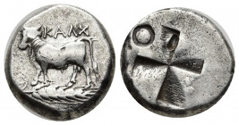 Greek Coins
BITHYNIA. Kalchedon. Circa 340-320 BC. AR Drachm or siglos KAΛX Bull standing to left on a grain ear. Rev. Quadripartite incuse square.
We...