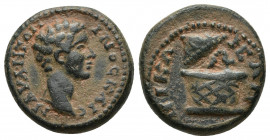 Roman Provincial
Caracalla Bithynia, Nicaea. Æ . 198-217. Laureate head r. R/ Serpent emerging from cista with open lid. 
Weight: 4.2 Diameter 16.8