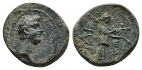 Roman Provincial
TROAS, Ilium. Augustus. 27 BC-AD 14. Æ Bare head right / Athena Ilias standing right; monogram to right. 
Weight :2.4 Diameter 13.3