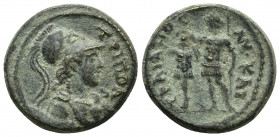 Roman Provincial
LYDIA, Tripolis. Trajan, 98-117. Assarion (?) TPIΠOΛ Bust of Athena to right, wearing Corinthian helmet, Aegis bound around neck. Rev...