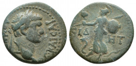 Roman Provincial
PAMPHYLIA, Side. Tiberius. AD 14-37. Æ Laureate head right / Athena advancing right, holding spear and shield; pomegranate to upper l...
