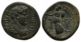 Roman Provincial
PAMPHYLIA. Side. Nero, 54-68. Hemiassarion , circa 55. NEPⲰN KAICAP Laureate and draped bust of Nero to right. Rev. CIΔHT Athena adva...