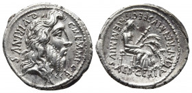 Roman Republic.
C. Memmius C. f. Denarius 56, AR . C·MEMMI·C·F· – QVIRINVS Laureate head of Quirinus r. Rev. MEMMIVS· AED·CERIALIA·PREIMVS·FECIT Cere...