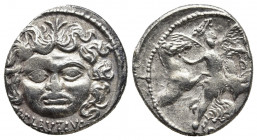 Roman Republic.
L. Plautius Plancus, 47 BC. Denarius , Rome. L · PLAVTIVS Head of Medusa, facing, with coiled snake on either side. Rev. PLANCVS Victo...
