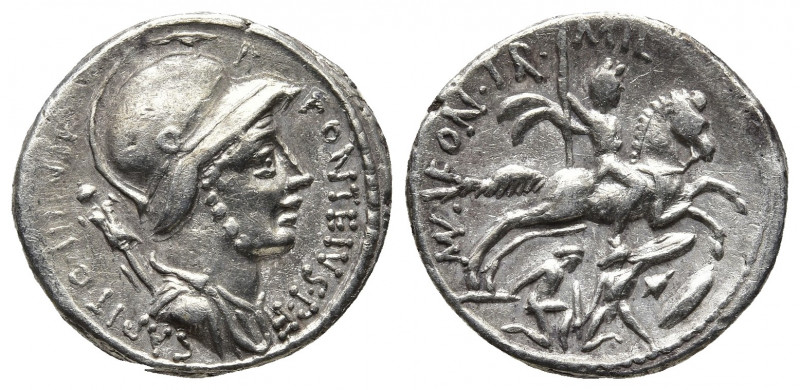Roman Republic.
P. Fonteius P.f. Capito. 55 BC. AR Denarius Rome mint. Helmeted ...