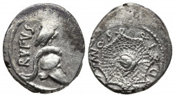 Roman Republic.
Mn. Cordius Rufus, 46 BC. Denarius Rome. Crested Corinthian helmet to right, surmounted by owl. Rev. (MN) CORDIVS Aegis decorated with...