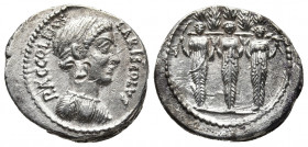 Roman Republic.
P. Accoleius Lariscolus AR Denarius. Rome, 43 BC. Draped bust of Diana Nemorensis to right; P•ACCOLEIVS upwards to left, LARISCOLVS do...