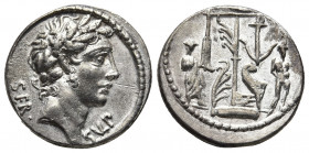 Roman Republic.
Servius Sulpicius. 51 BC. AR Denarius . SER behind, SVLP right, laureate head of Apollo right / Naval trophy; male figure standing on ...