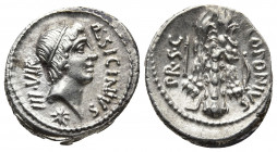 Roman Republic.
Q. Sicinius and C. Coponius AR Denarius. Military mint moving with Pompey, 49 BC. Diademed head of Apollo to right, III•VIR behind, st...