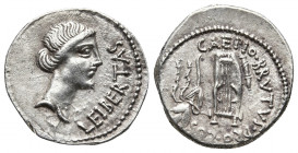 Roman Republic.
Brutus, spring - early summer 42 BC. Denarius , military mint traveling with Brutus in Lycia. LEIBERTAS Head of Libertas to right, wea...