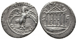 Roman Republic.
Petillius Capitolinus AR Denarius. Rome, 43 BC. Eagle, with wings spread, standing facing, head to right, on thunderbolt; [P]ETILLIVS ...