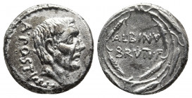 Roman Republic.
D. Junius Brutus Albinus AR Denarius. Rome, 48 BC. Bare head of the consul Aulus Postumius Albinus right; A•POSTVMIVS•COS around / ALB...