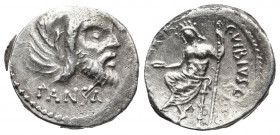 Roman Republic.
Moneyer issues of Imperatorial Rome. C. Vibius C.f. C.n. Pansa Caetronianus. 48 BC. AR Denarius Rome mint. Mask of Pan right / Jupiter...