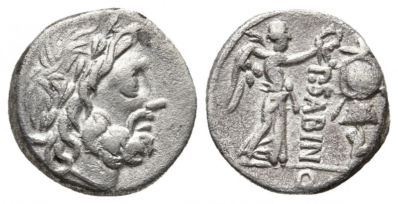 Roman Republic.
P. Sabinus 99 BC. Rome Quinarius AR Laureate head of Jupiter rig...