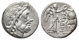 Roman Republic.
P. Sabinus 99 BC. Rome Quinarius AR Laureate head of Jupiter right; G behind / Victory standing right, crowning trophy with wreath; P•...