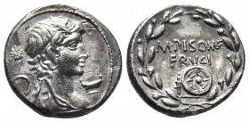 Roman Republic.
M. Piso M.f. Frugi, Denarius, Rome, 58 BC. AR . Terminal bust of Mercury r.; to l., star above wreath; calix below chin, Rv. M•PISO•M•...